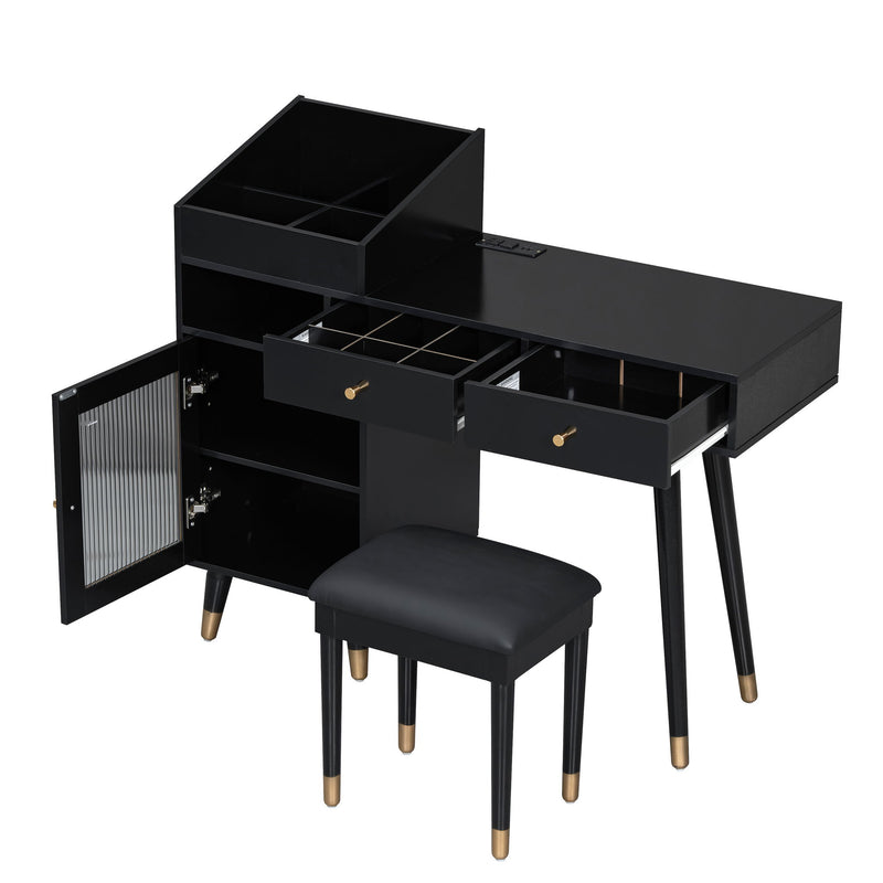 Modern Makeup Vanity Desk With Drawers Cabinet & Charging Port Engineered Wood Space Saving Design For Small Places - Black