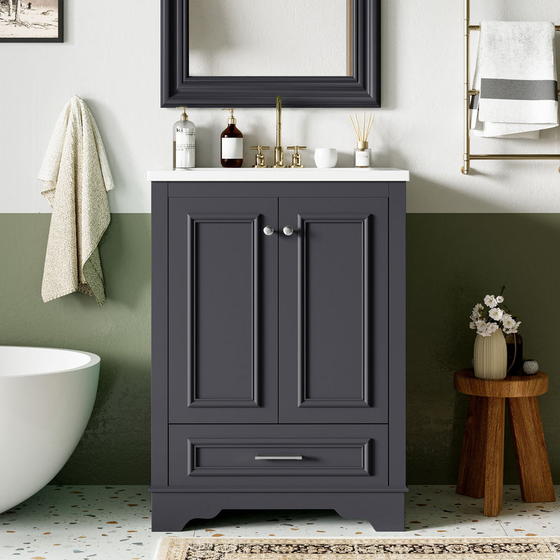 Bathroom Vanity With Ceramic Sink Combo, Modern Freestanding Storage Cabinet With Silver Handles