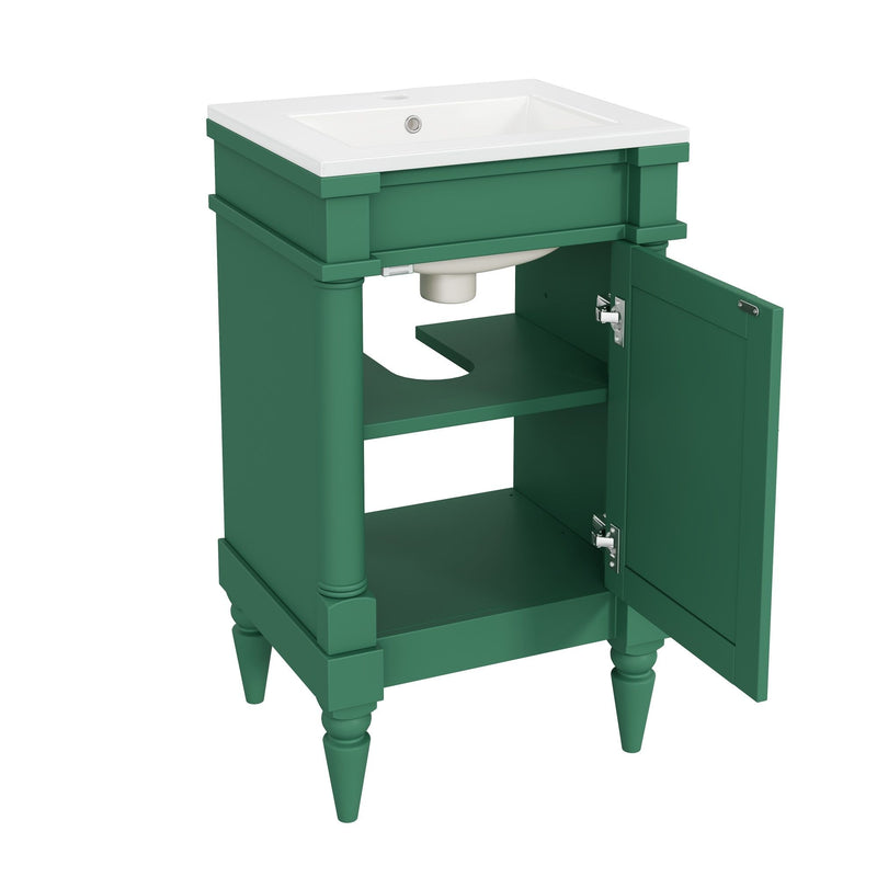 Bathroom Vanity With Sink, Compact Storage Cabinet With Door, Adjustable Shelf, Rectangular Style - Green