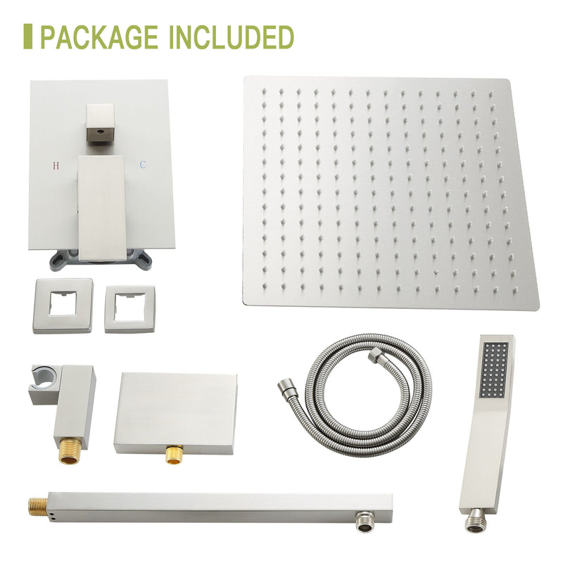 Square Shower System With Waterfall Tub Spout And Rough In Valve, Wall Mounted