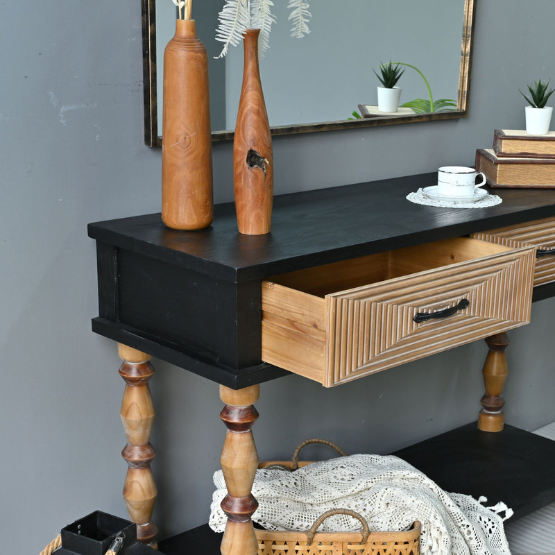Accent Carved Console Table With Open Shelf And 2 Drawers Living Room - Black / Natural Wood Wash
