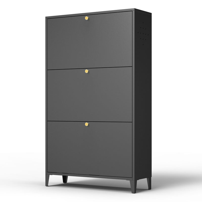 3 Drawer All Steel Shoe Cabinet, Freestanding Storage Organizer With Flip Door