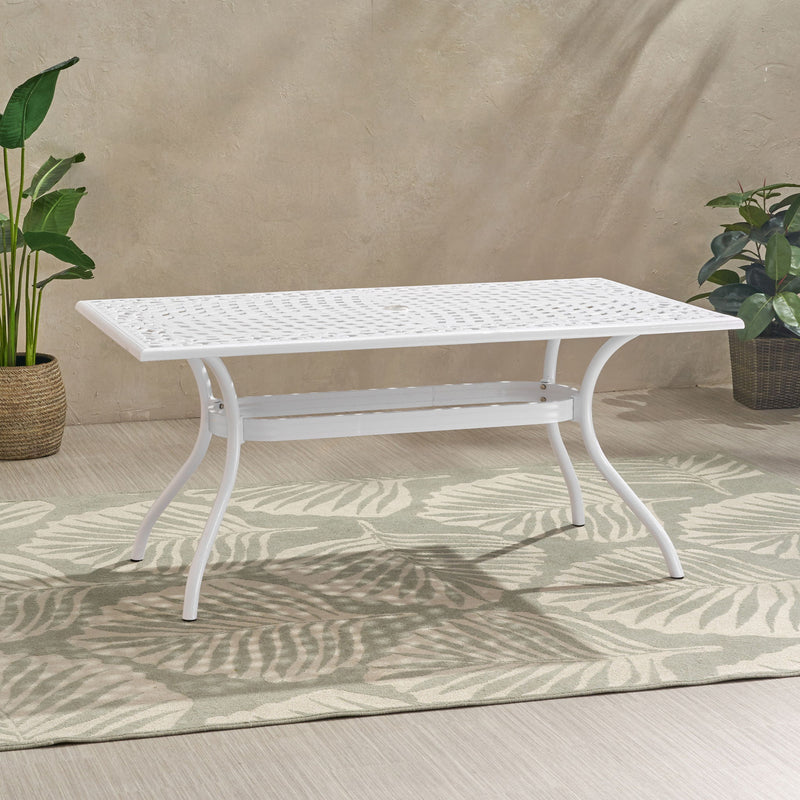 Celestine - Outdoor Cast Aluminum Dining Table With Floral Lattice Design And Umbrella Holder