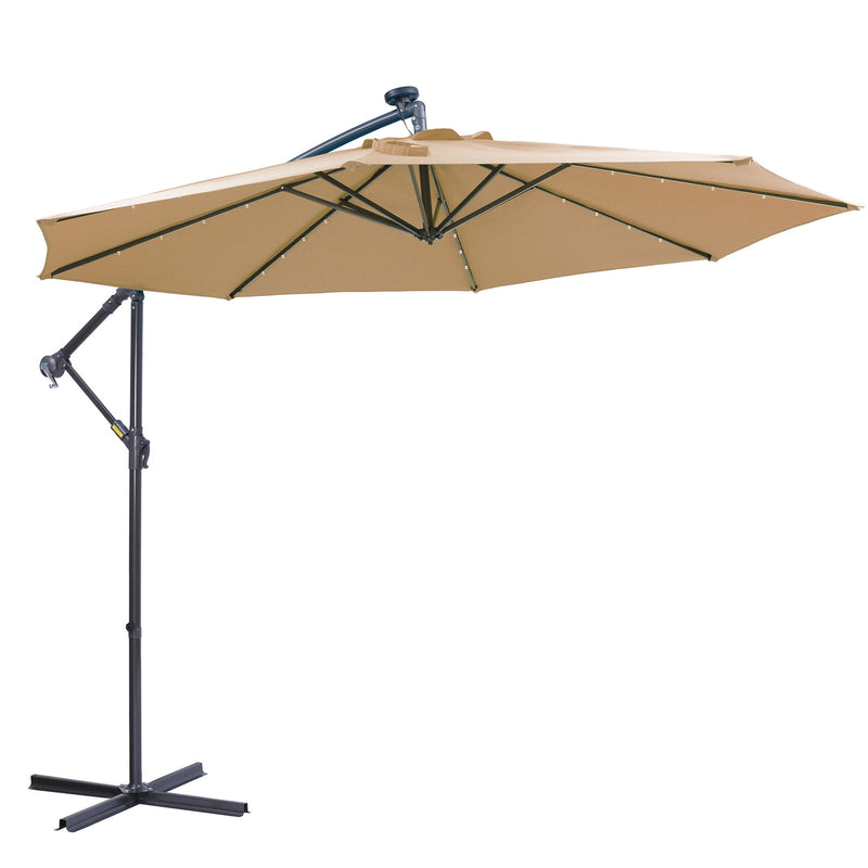 Outdoor Cantilever Patio Umbrella With 32 LED Lights 10 Ft Hanging Design Easy Open Adjustment Metal Frame - Taupe