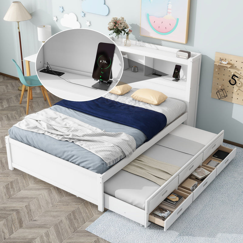 Platform Bed With Trundle, Drawers, USB Ports And Built In Shelves