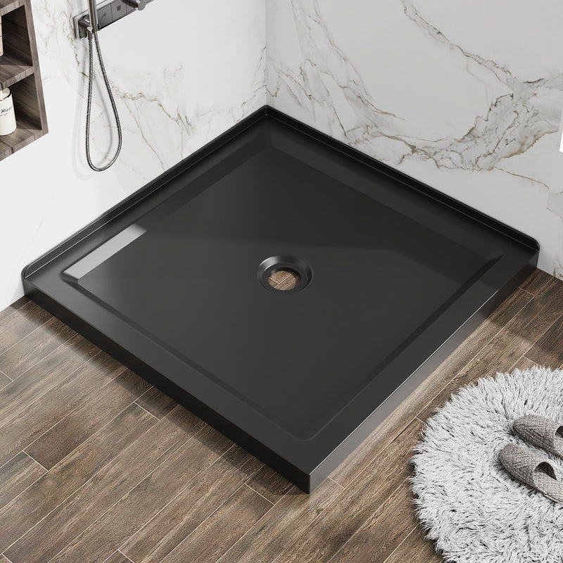 Shower Base, Anti Slip Center Drain Double Threshold - Black