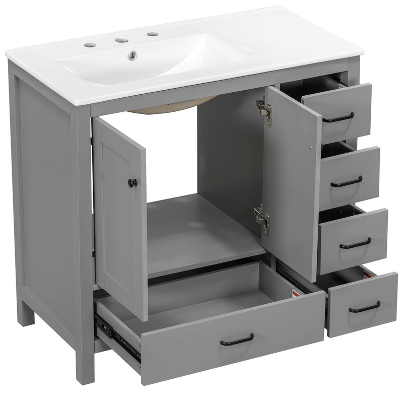 Bathroom Vanity With Ceramic Sink Combo, Abundant Storage Cabinet 2 Soft Close Doors And 5 Drawers
