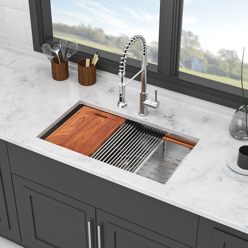 33" Undermount Kitchen Sink Single Bowl Ledge Workstation In 16 Gauge Stainless Steel - Brushed Nickel