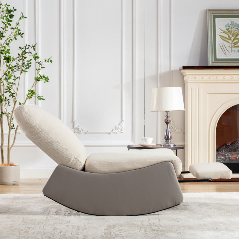 Modern Rocking Chair Recliner, Comfy Rocker Nursery Chair With Footrest, Accent Reading Chair, Upholstered Lounge Chair For Relaxing, Resting, Soft Padded Rocker For Indoor Living Room Bedroom - Gray / Beige