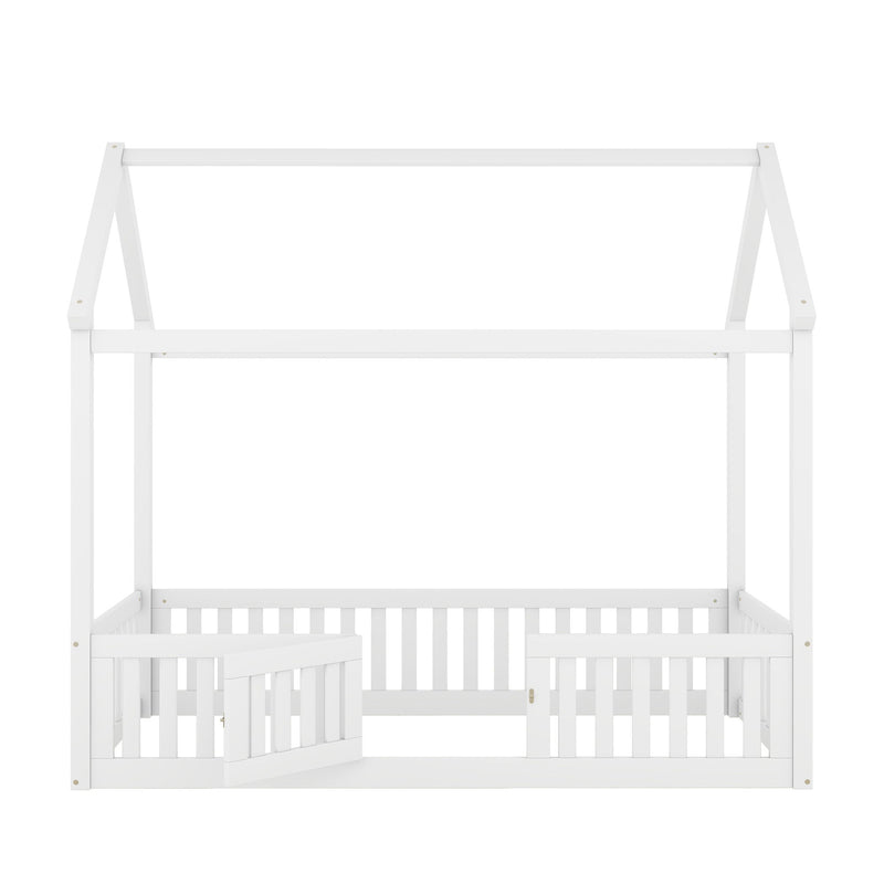 Wood House Bed With Fence And Door