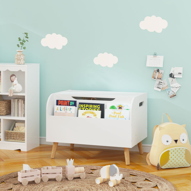 Toy Box With Front Bookshelf, Flip Top Lid, Safety Hinge For Kids Room Organization - White
