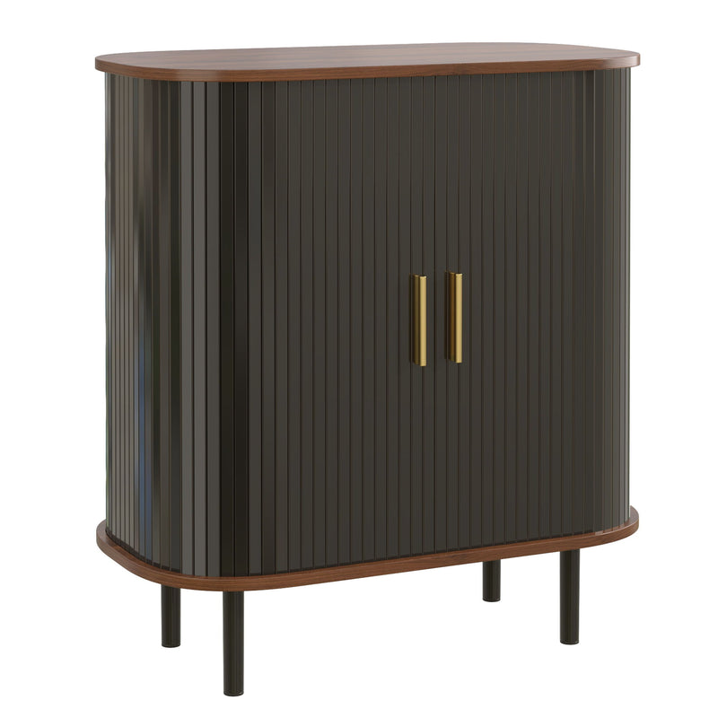 Fluted Wine Bar Cabinet With 8 Grid Wine Rack, 5 Level Adjustable Shelves, 2 Glass Holders