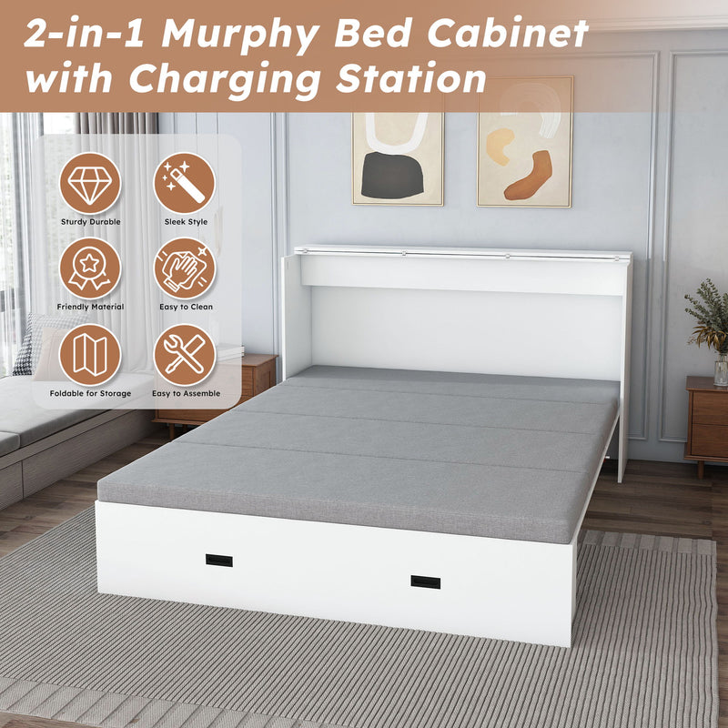 Full Murphy Bed With Storage Drawers, Charging Station, Foldable Panels, And Silent Swivel Wheels