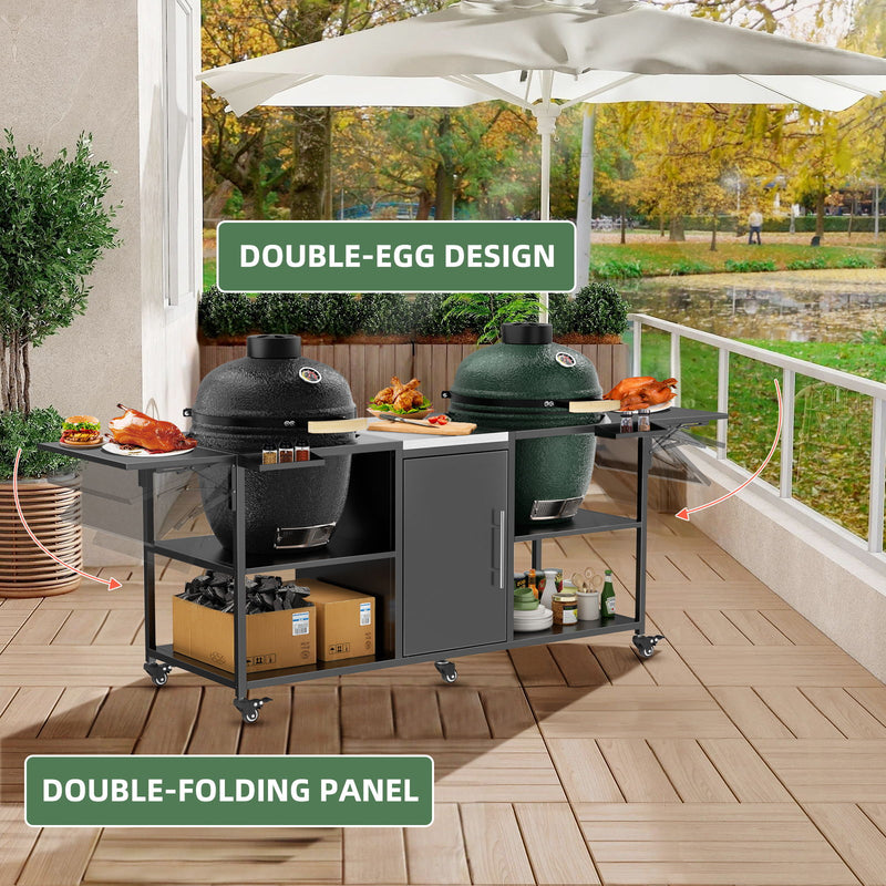 Outdoor Grill Cart For 2 Big Egg - Black / Silver