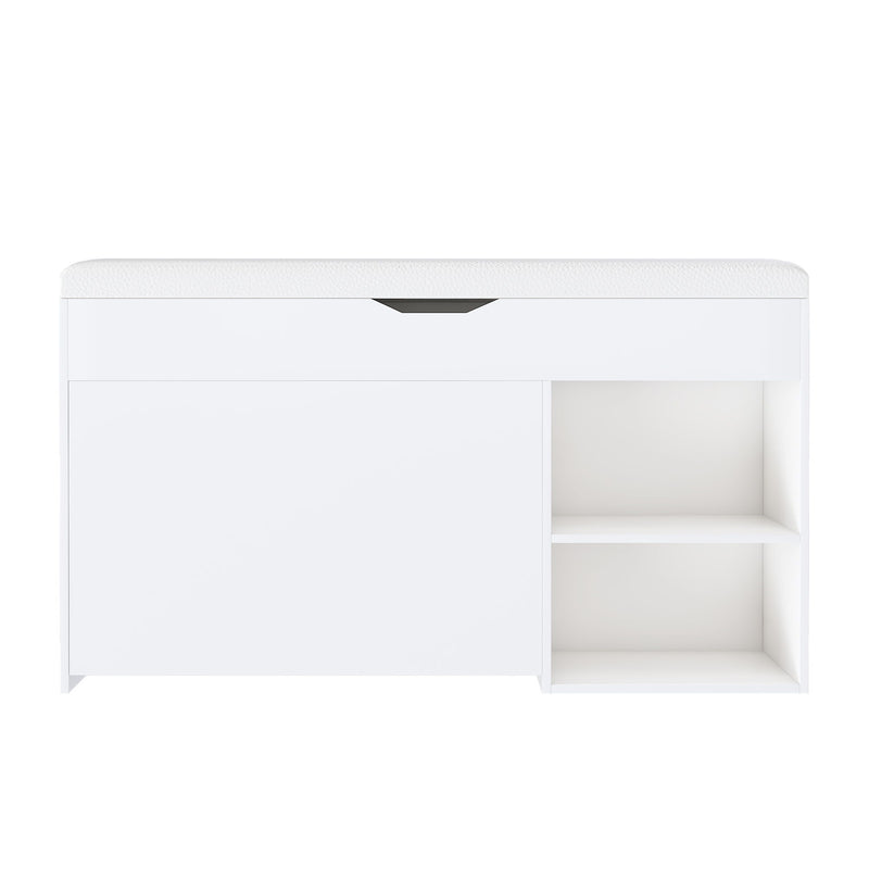 Modern Design Entryway Bench With Adjustable 3 Tier Flip-Up Drawers And Hidden Cabinet - White