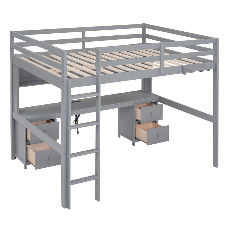 Loft Bed With Desk, Cabinets, Drawers, Charging Station And Bedside Tray