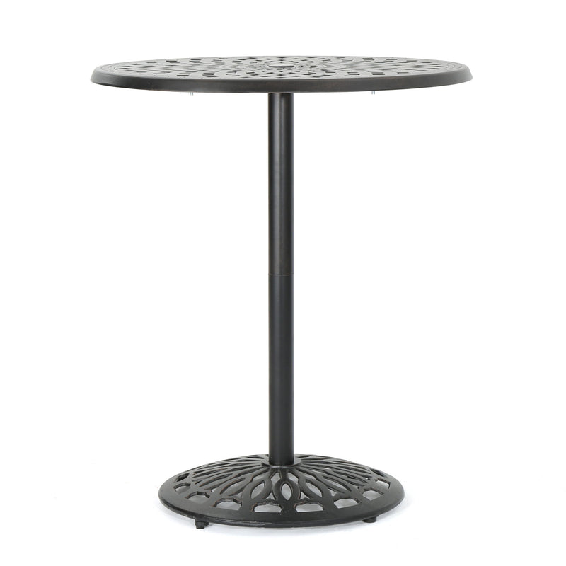 Elegant Cast Aluminum Round Bar Table With Romantic Filigree Design - Copper