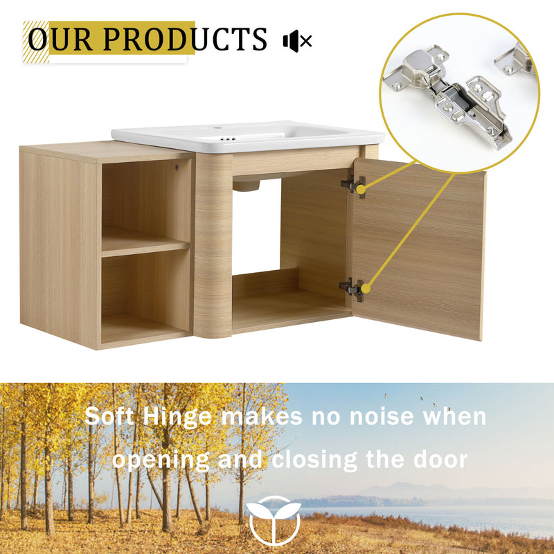 Wall Mounted Bathroom Vanity & Sink, Storage Shelves & Soft Close Door