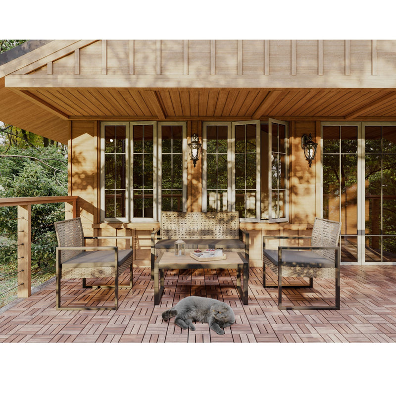4 Piece Patio Furniture Set With Acacia Wood Table Top And Cushions