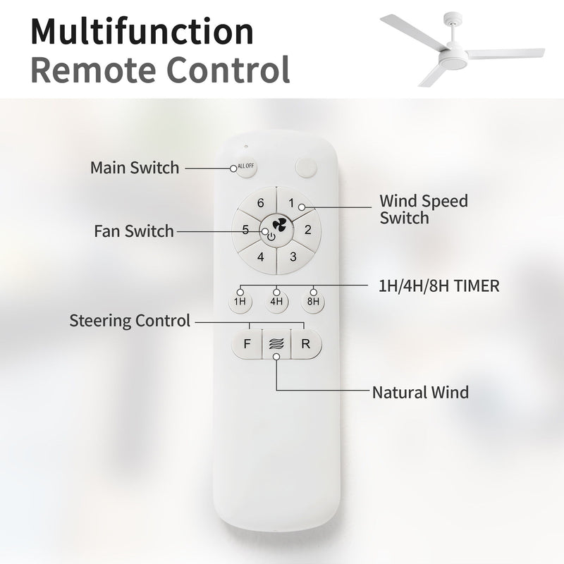 52" Ceiling Fan With Remote Control, 6 Speed Reversible DC Motor, 3 Blades