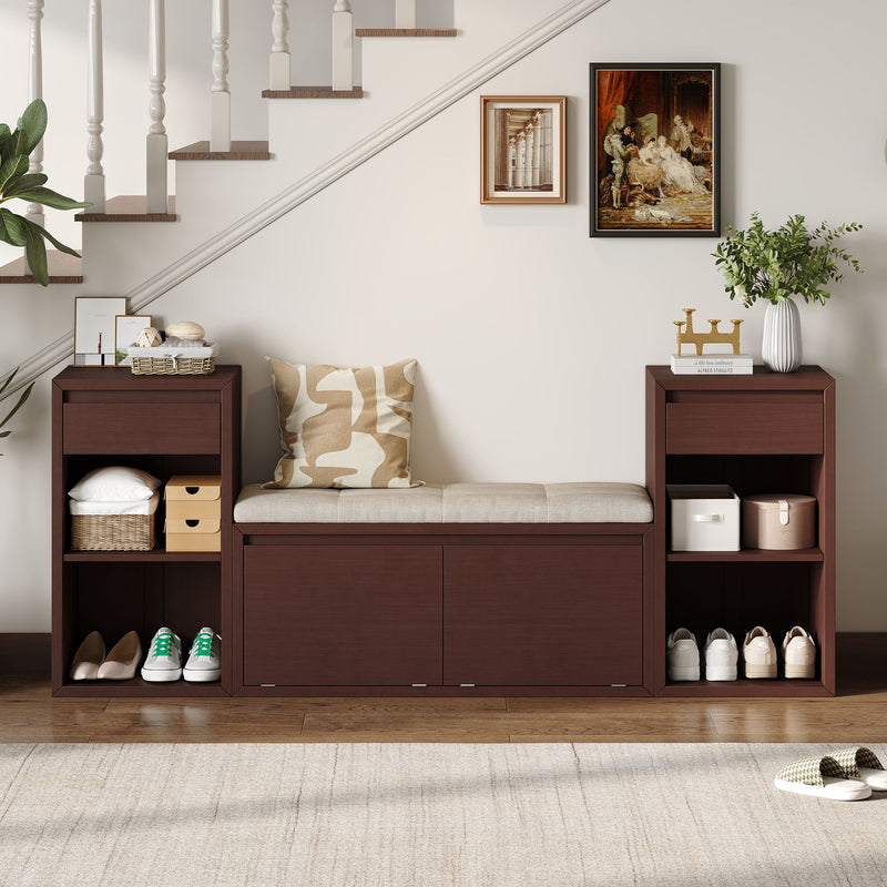Entryway Storage Bench With Cushion, Drawers & Open Shelves