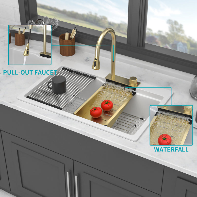 Waterfall Kitchen Sink With Pull Out Faucet & Cup Washer