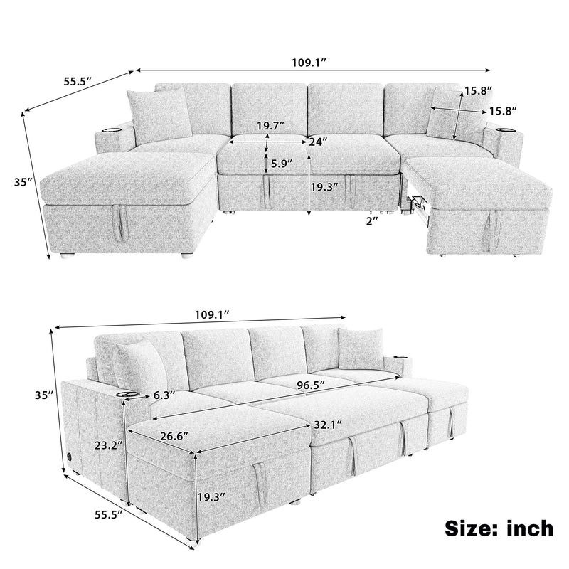 Sectional Sofa Convertible Pull-Out Bed With Storage Ottoman & USB Ports