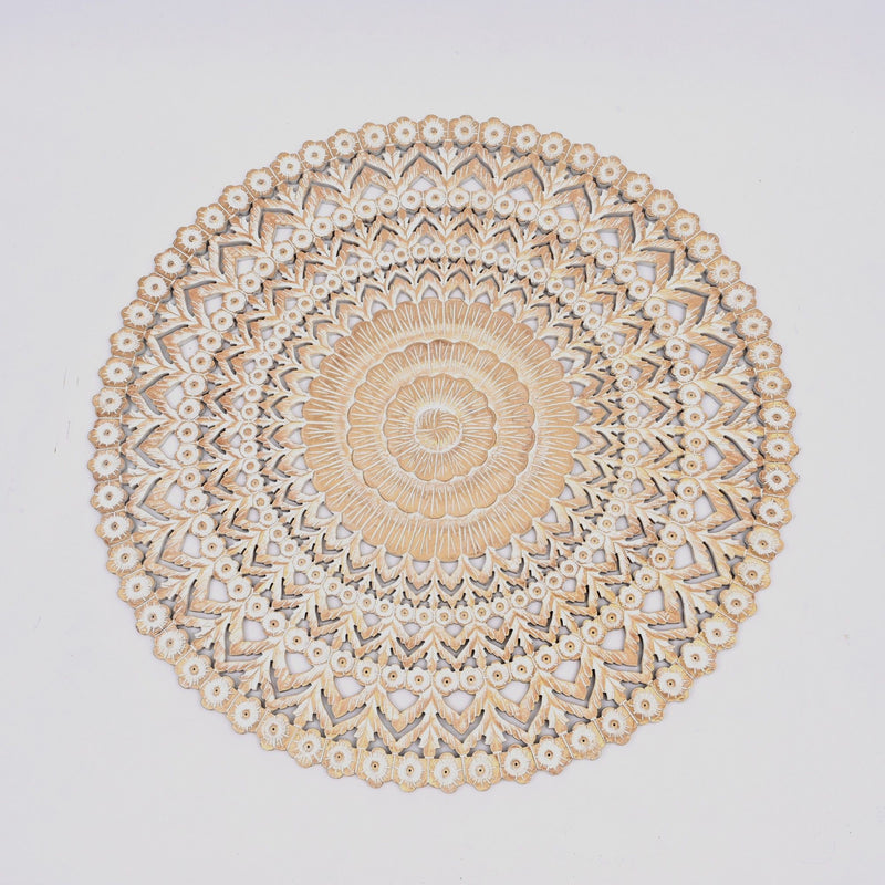 Floral Hand Carved Mandala Round Wall Decor - Brown / Antique White