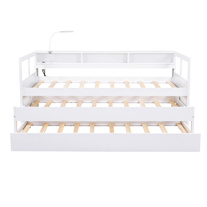 Daybed With 2 Trundles, 3 Storage Cubbies, Built In USB Charging Light