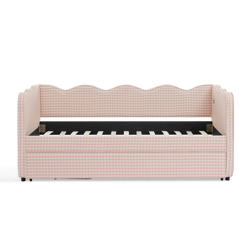 Gingham Daybed With USB Charging Port, Wave Shaped Design