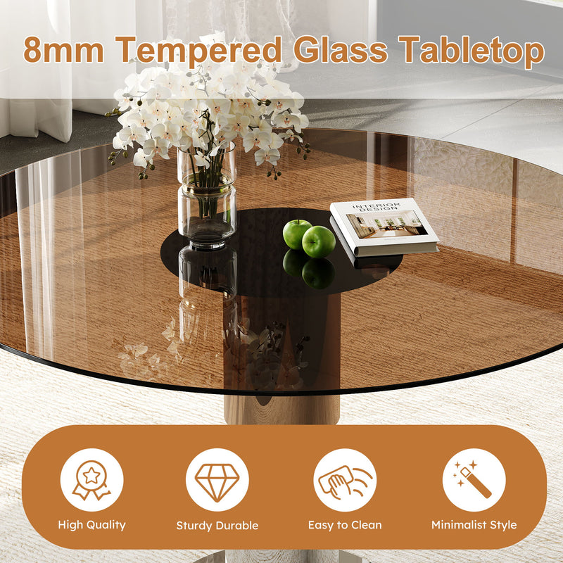 Round Dining Table & Tempered Glass Top - Brown