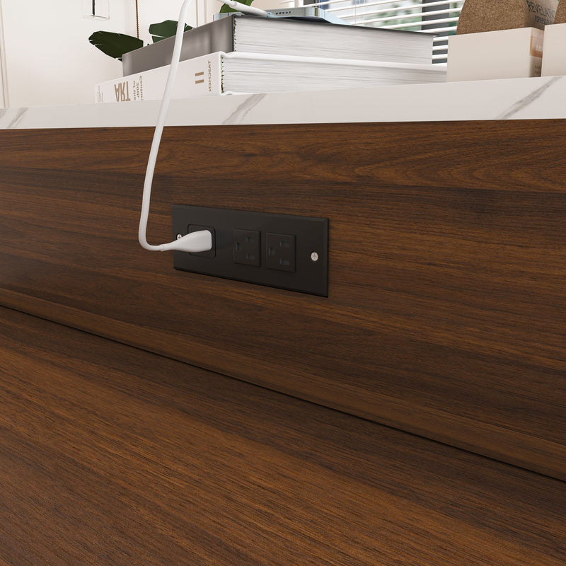 Extendable Dining Table With Power Socket, Lockable Casters, Storage Cabinet