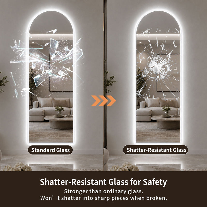 65" X 21" Arched LED Full Length Mirror, Wall Mounted Lighted Full Body Mirror With Frosted Edge Lighting, 3 Color Temperatures & Stepless Dimming - Silver