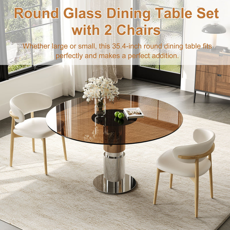 Round Dining Table & Tempered Glass Top - Brown