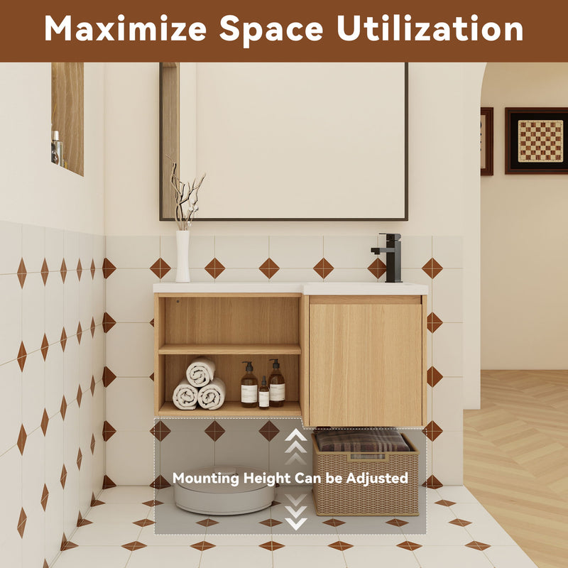 L-Shaped Wall Mounte Floating Bathroom Vanity With Integrated Sink