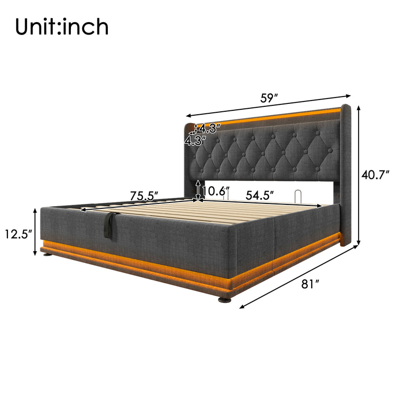 Upholstered Bed, 360 Surround LED Function, Remote Control, Hydraulic Storage Bed With USB, Type-C Charging (Without Mattress)