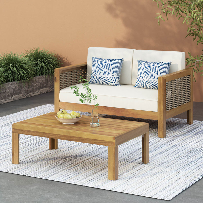 Outdoor Patio Set With Coffee Table And Loveseat - Teak / Beige