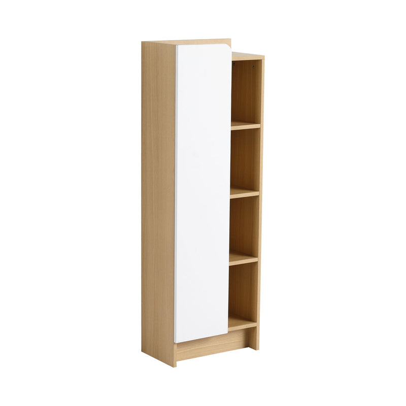 Tall Freestanding Bathroom Side Cabinet With Single Door & 4 Tier Open Shelves - Black / Light Oak / White
