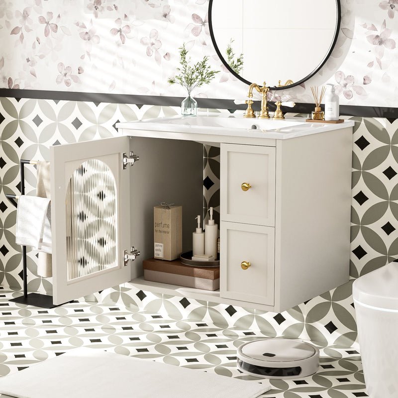 Wall-Mounted Bathroom Vanity Set With Sink, 2 Drawers And Soft-Close Door