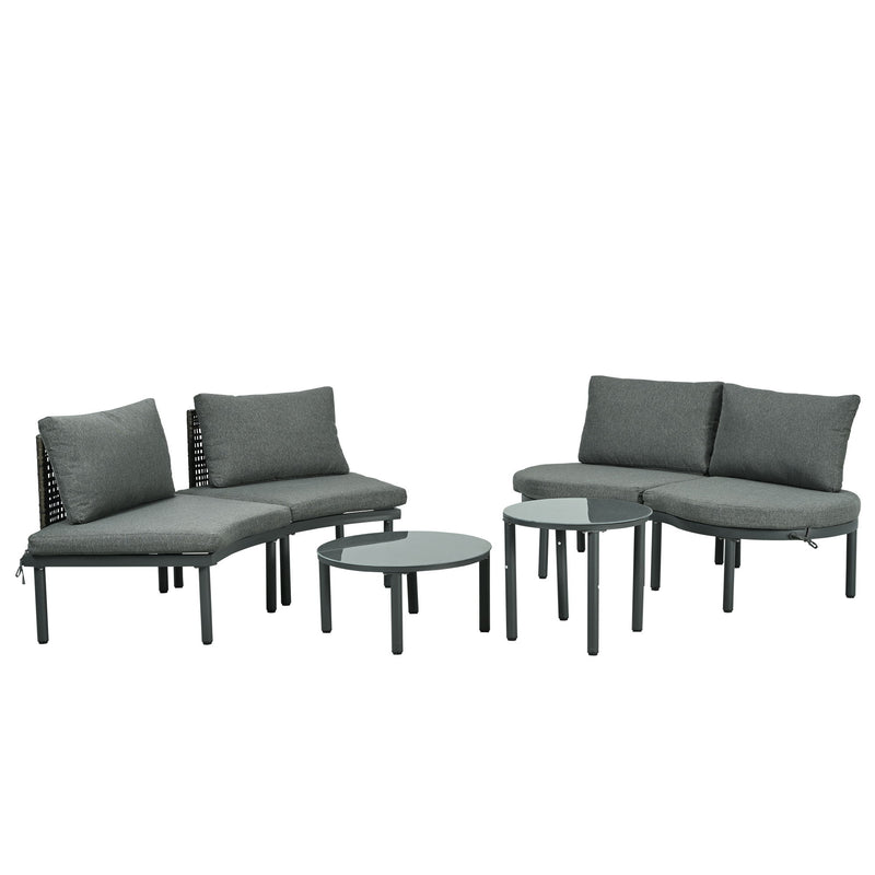 6 Piece Patio Set, Half Moon Outdoor Sectional Sofa With 2 High Low Coffee Tables, 4 Pillows & Cushions