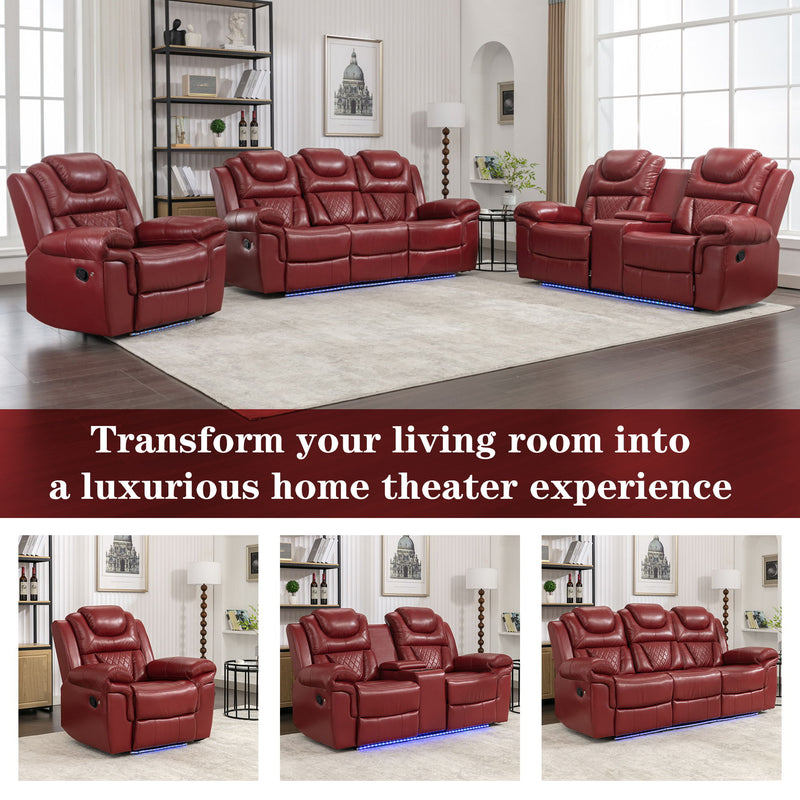 Home Theater Seating Manual Recliner Chair With Center Console And LED Light Strip For Living Room - Red