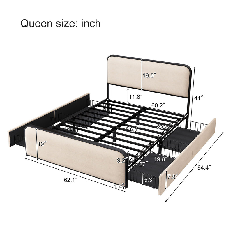 Modern Bed With Curved Upholstered Headboard And Footboard, Heavy Duty Metal Slats
