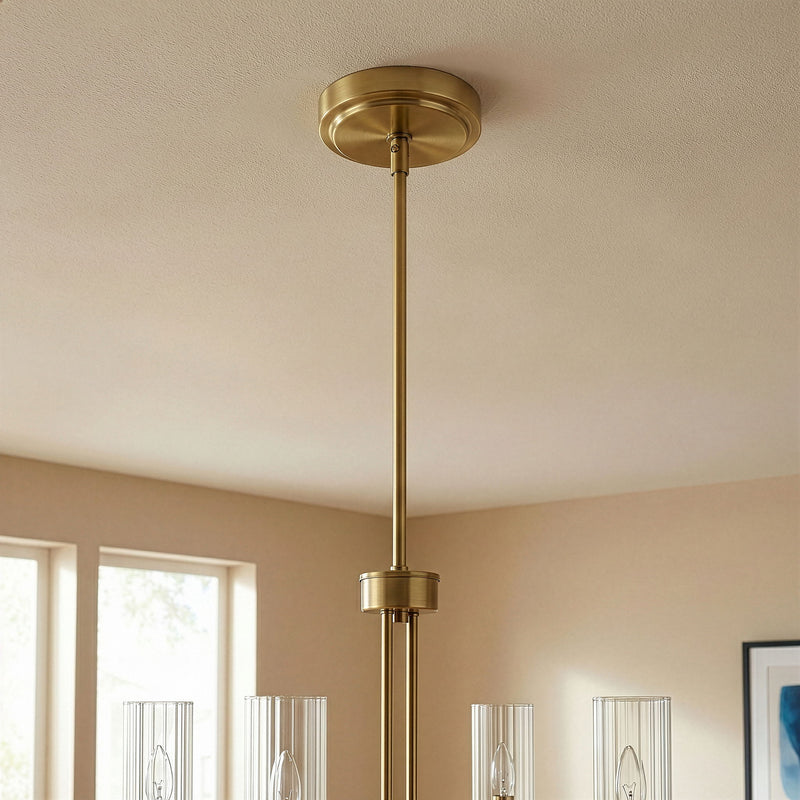 Enigma - 4 Lights Chandelier With Clear Ribbed Satin - Antique Brass / Clear / Gold