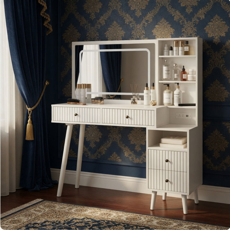 Fluted Vanity Desk With Lighted Mirror & Outlet 4 Drawer, Makeup Table - White