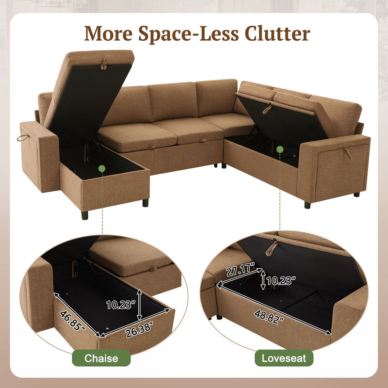 U - Shaped Convertible Sectional Sofa Bed With Storage, USB Charger & Cup Holders