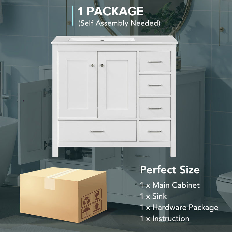 Bathroom Vanity With Ceramic Sink Combo, Abundant Storage Cabinet 2 Soft Close Doors And 5 Drawers