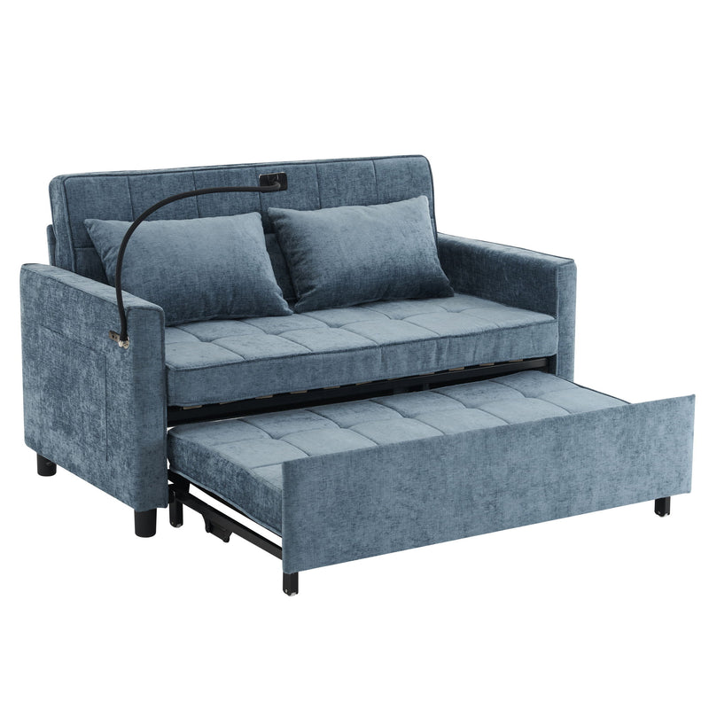 Pull-Out Sleeper Sofa With Reversible Backrest Cushion, Side Pockets, 2 USB Ports And A Phone Holder For Living Room