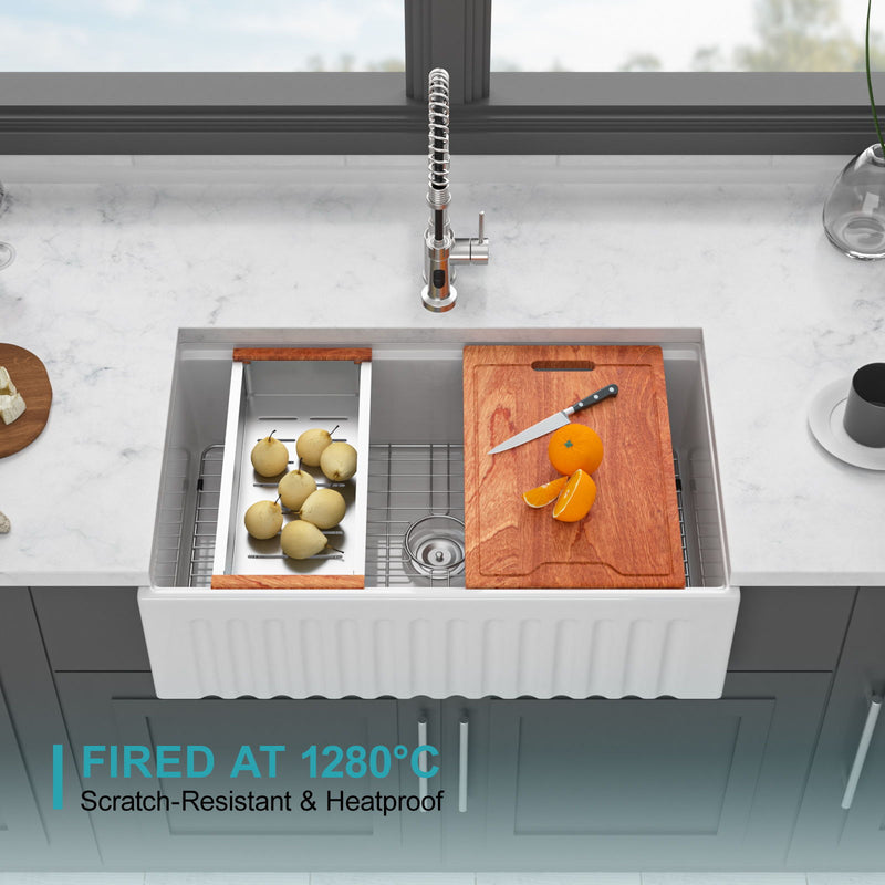 Porcelain Ceramic Farmhouse Sink Workstation With Reversible Apron Design - Single Bowl