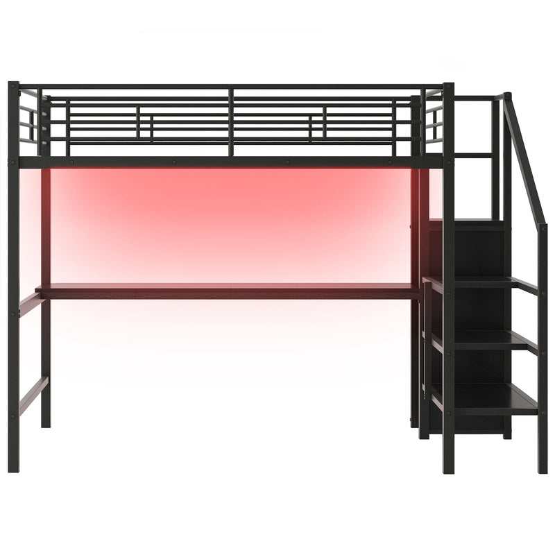 Full Size Loft Bed With Desk, Storage Staircase, Small Wardrobe And LED Light - Black