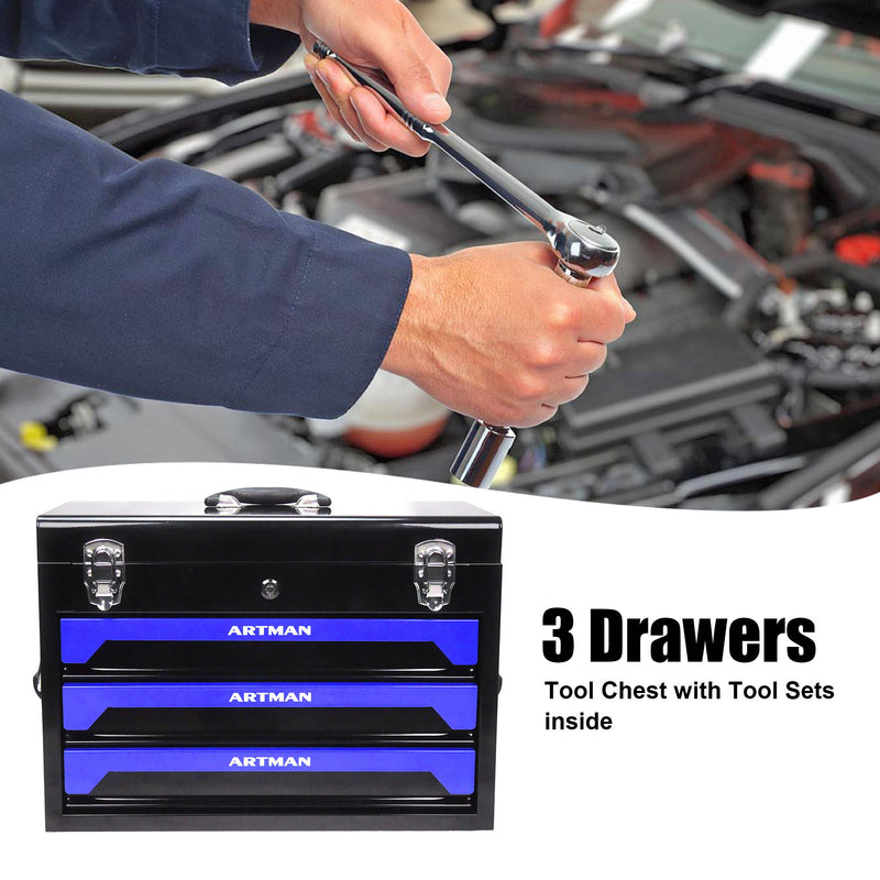 Portable 3 Drawer Steel Toolbox, 4 Layers Of Tools With Metal Latches, With Storage Tray And Carrying Handle